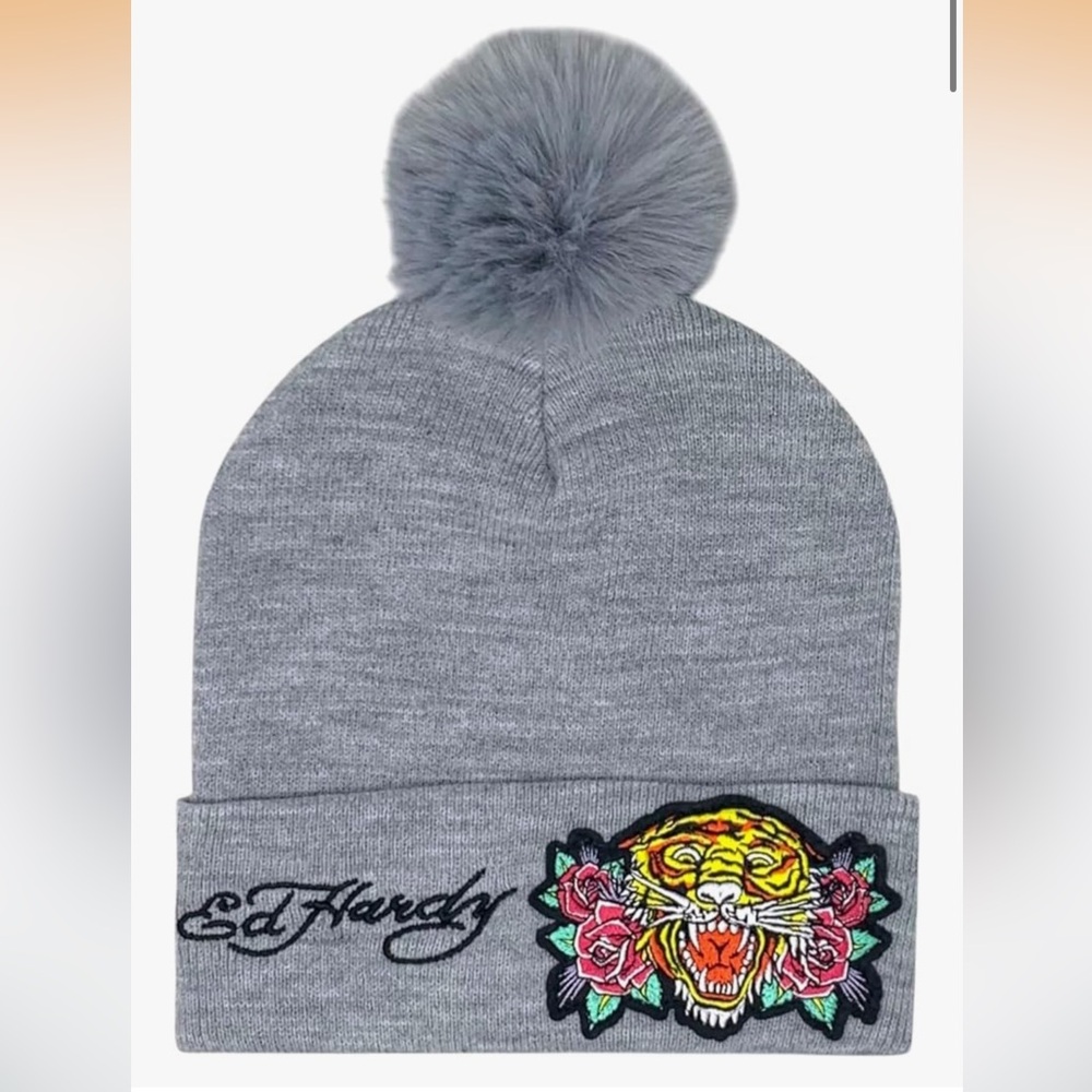 Ed Hardy Gray Embroidered Tiger Roses Logo Knit Faux Fur Pom Pom Beanie Hat NWT